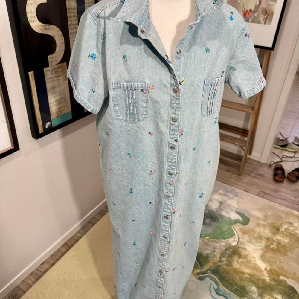 Vintage Blue Denim Woman's Maxi dress With Floral Embroidery size L 100% cotton